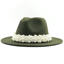 Новая женская и Мужская шерстяная шляпа Fedora с жемчужная лента джентльмен элегантный Леди Зима Осень широкие полями церкви Панама Sombrero джаз шляпа