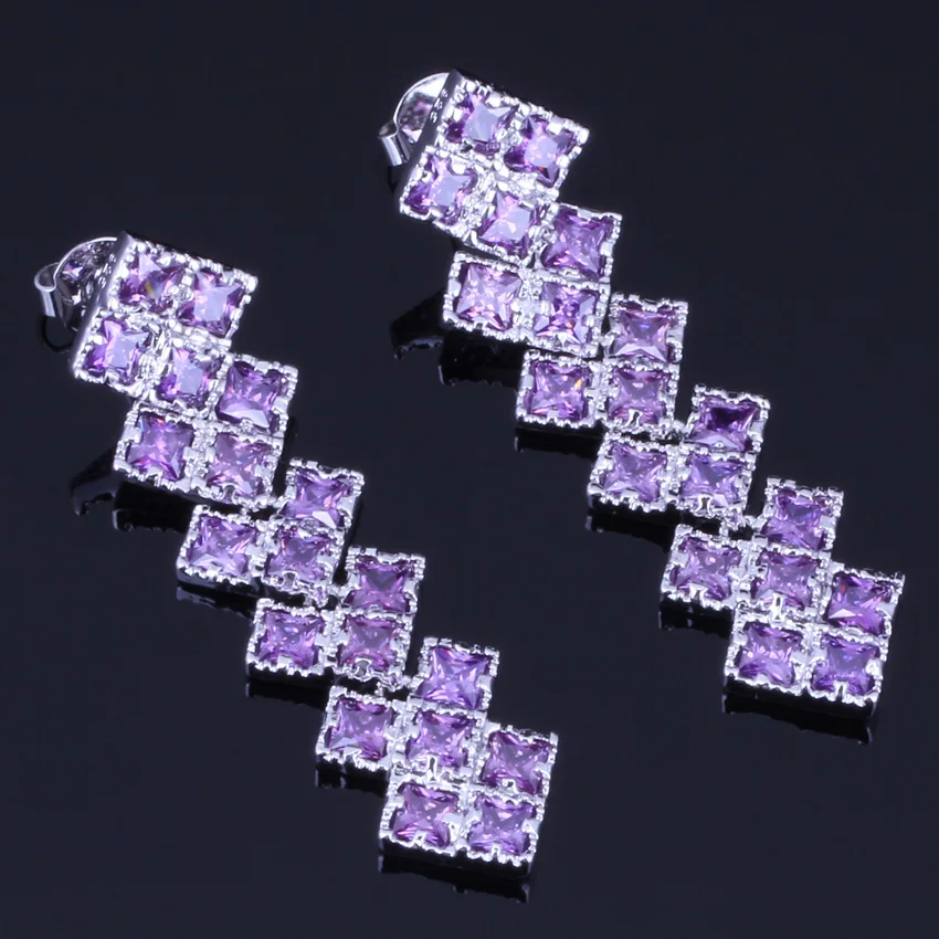 

Glaring Square Purple Cubic Zirconia Silver Plated Drop Dangle Earrings V0200