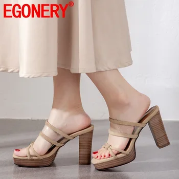 

EGONERY woman shoes summer new fashion sexy handmade genuine leather woman slippers outside super high heels platform lady shoes