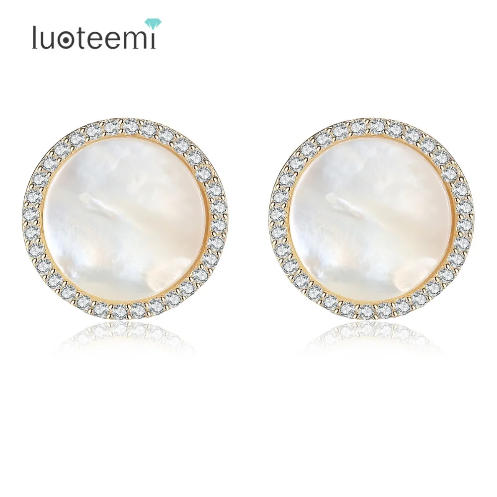 

LUOTEEMI Fashion New Natural White Round Sea Shell Inlay 925 Sterling Silver Piercing Stud Earrings For Women Girls Gift Jewelry