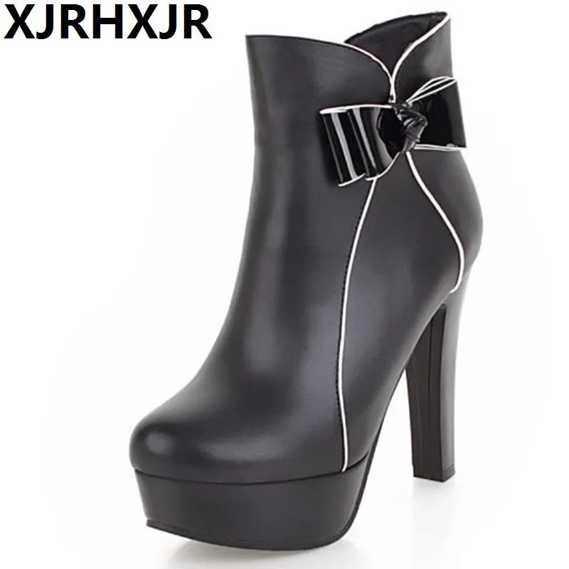 

XJRHXJR Women Winter Boots Fur Bow Platform High Heel Boots Zip Ankle Boots Round Toe Ladies Shoes Plus Size 34-43 botas mujer