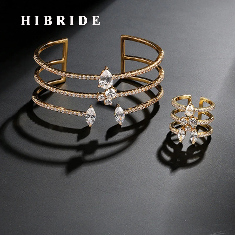 HIBRIDE Luxury Cubic Zircon Women Bangle Ring Sets Water Drop Crystal Cuff Bracelets Bangle Parure Bijoux Femme N-640