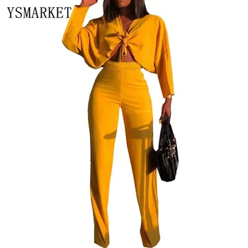

Sexy Hollow Out Waist Long Sleeve top Loose And High Waist 2 Piece Pants Sets Women Autumn Clubwear A1086