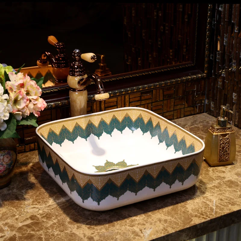 Square bathroom Ceramic counter top sinks hand painting art basin
