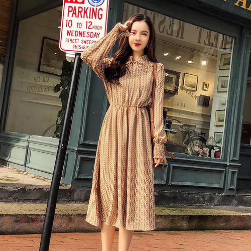 

Floral Drees Long Sleeve Chiffon Casual Pleated Preppy Style Bow Print Artistic Dresses Woman