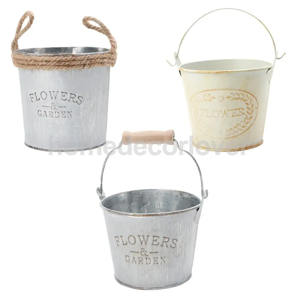 3 set Shabby Galvanised Tin Flower Plants Planter Bucket Flower Pot