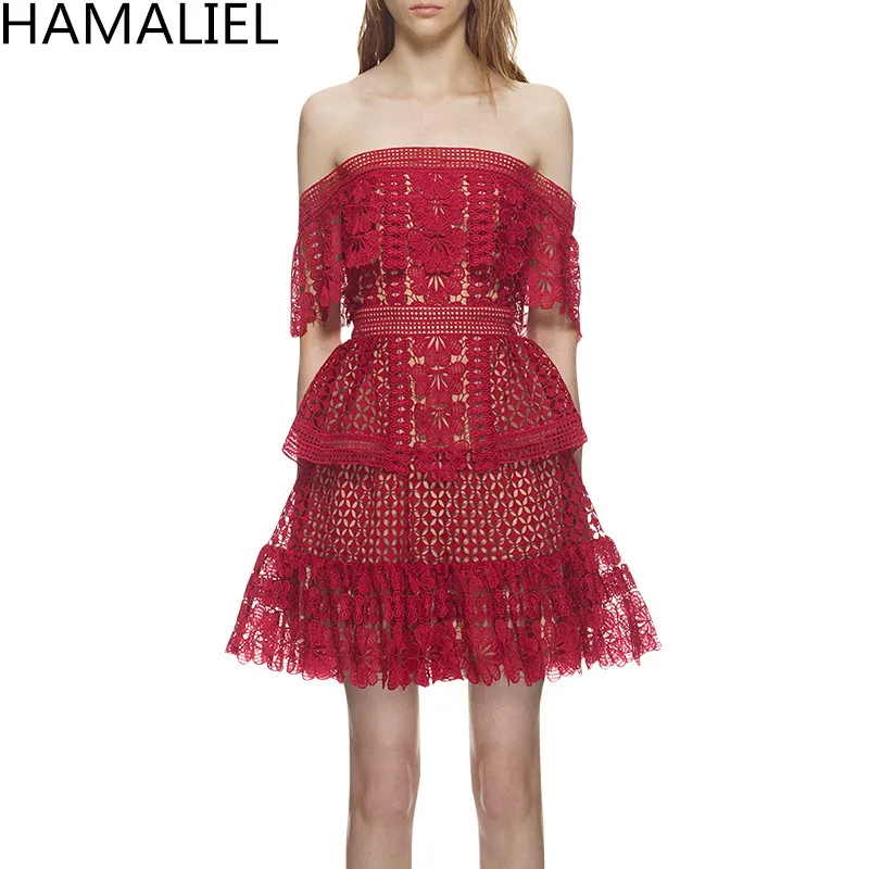 

HAMALIEL Self Portrait Off Shoulder Party Dress 2019 Runway Summer Women Red Ruffles Lace Hollow Out Slash Neck Cake Party Dress