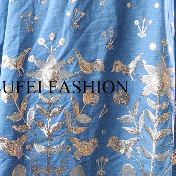 

130CM Paillette Golden Thread Embroideried Blue Denim Suit Dress Jacket Clothes fabric S256