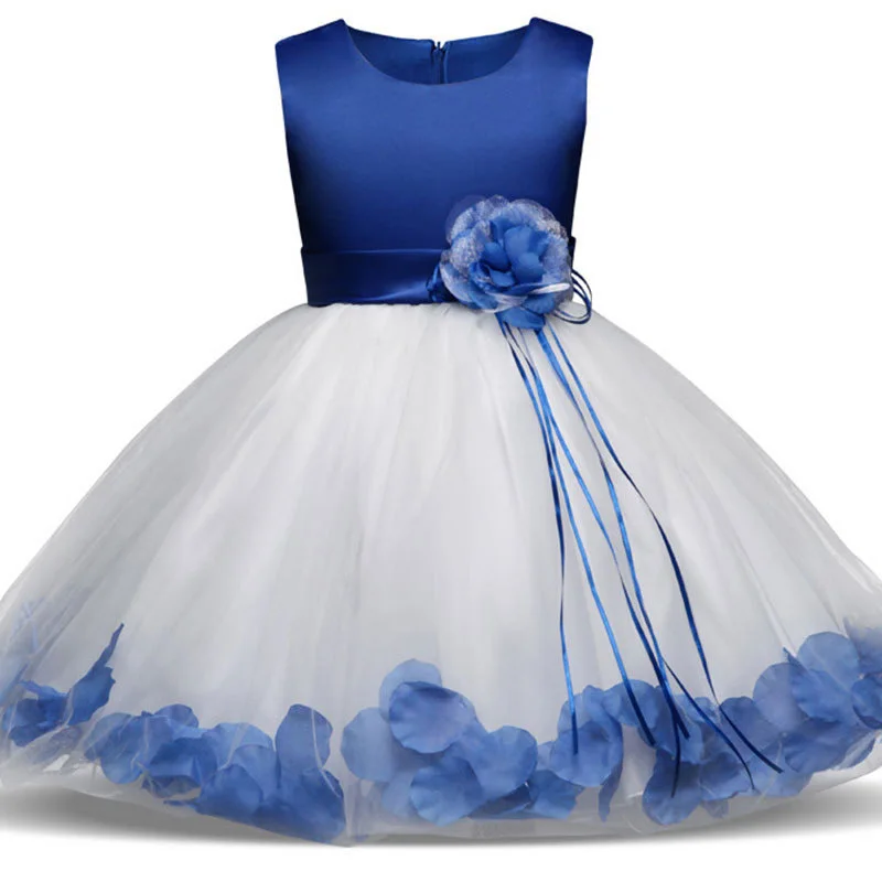 

2018 Spring Autumn Pupils Student Clothes Red Purple Blue Pink Girl O-neck Floral Belt Petal White Mesh Lace-up Dress Long Dress