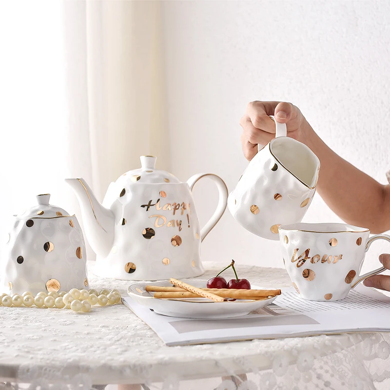 Краткое творческое золото точка белый керамический фарфор для завтрака овсянка кружка кофе чашка блюдце чай горшок сахар банки молоко чайник набор подарки