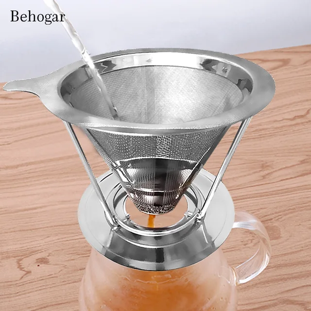Best Offers Behogar Reusable Stainless Steel Pour Over Coffee Filter Funnel Dripper Maker Paperless w/Separate Stand Tea Filter Basket Tools