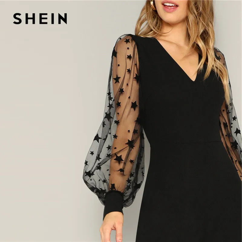 SHEIN Black Contrast Mesh Galaxy Print Sleeve Top And Wide Leg Pants Jumpsuits Women Elegant V neck OL Work Plain Jumpsuit