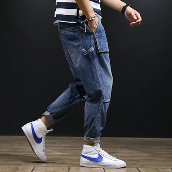 

Streetwear Fashion Men Jeans Retro Blue Loose Fit Multi Pockets Cargo Pants Harem Trousers Vintage Designer Hip Hop Jeans Men