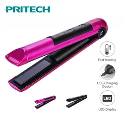 PRITECH Портативный USB подзарядка Профессиональный мини выпрямитель светодиодный дисплей беспроводные волосы плоский Железный инструмент