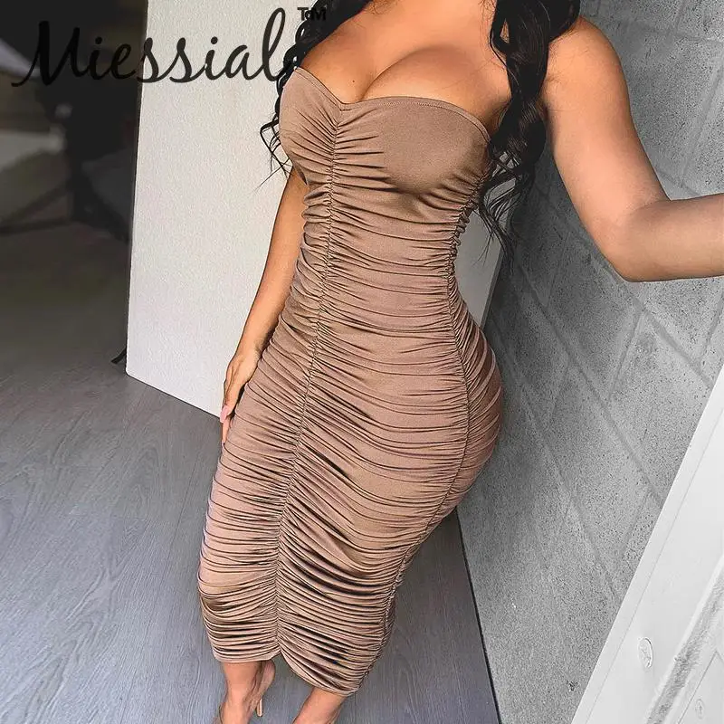 

Miessial Pleated sleeveless bodycon dress Women winter slim sexy midi dress Female backless elegant solid party night club dress