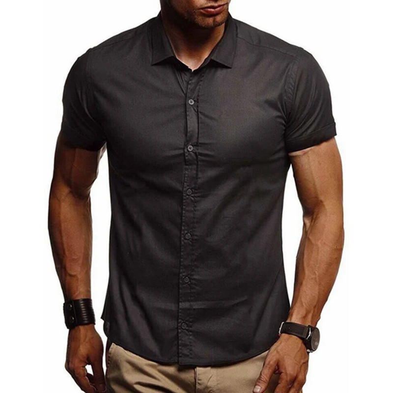 

ADISPUTENT 2019 New Summer Casual Shirts Button Down Collar Slim Short Sleeve Solid Color Stretch Casual Business Office Shirt