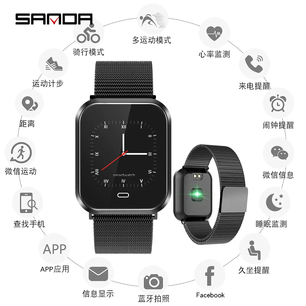 

SANDA Big Color Screen Smart Watch Men Waterproof Heart Rate Monitor Blood Pressure Tracker Steel Mesh Belt Sport Watches Women