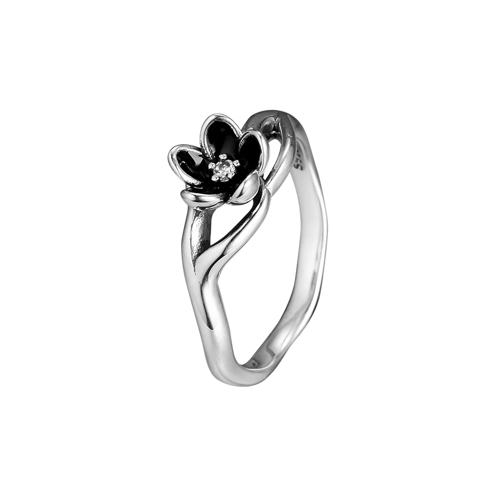 

Floral Rings With Black Enamel 100% 925 Sterling Silver Jewelry For Women Free Shipping