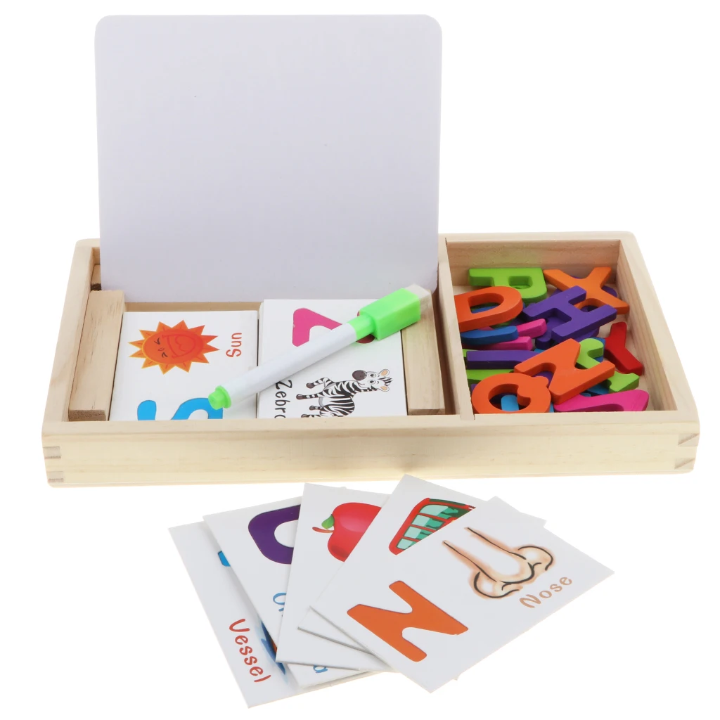 Wooden Alphabet Letters Matching Puzzle ABCs Flash Cards with Writing Board and Storage Box for Kids Preschool Learning