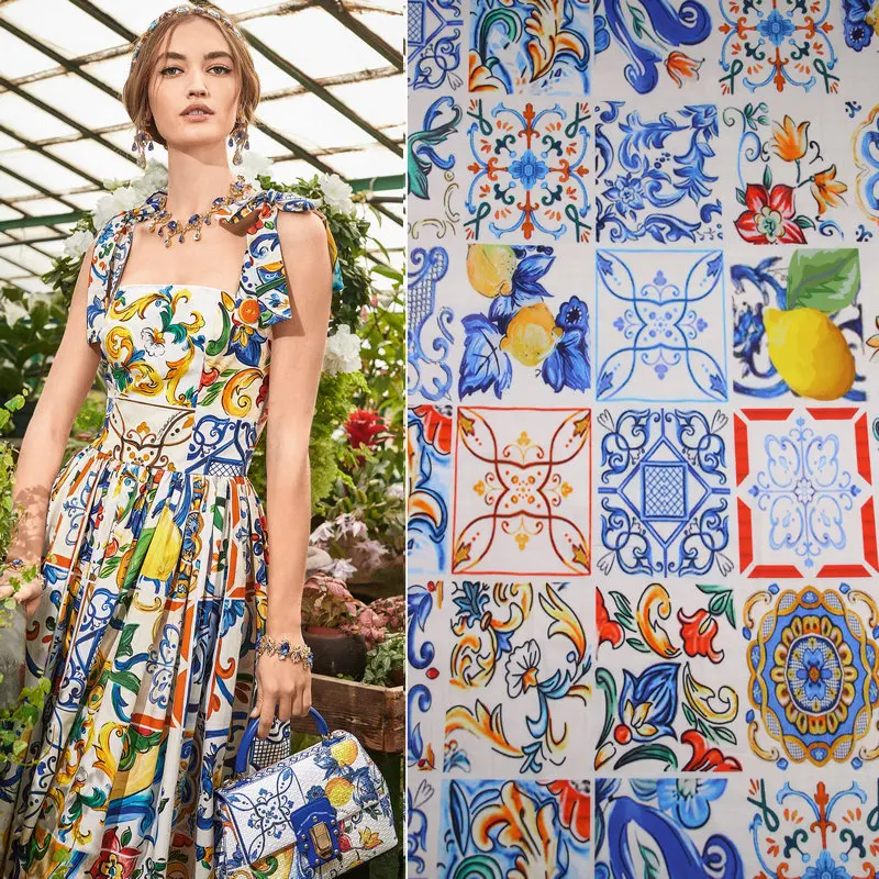 Летнее Новое голубое и белое фарфоровое платье из поплина с принтом, хлопковая ткань Diy