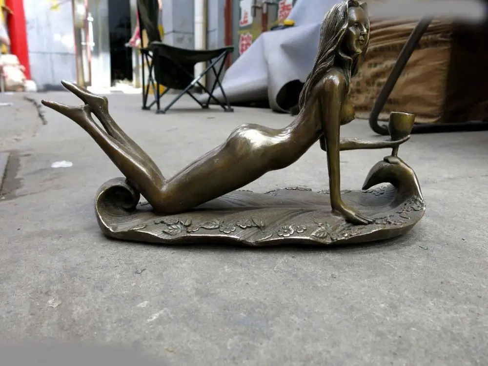 

8" China brass copper fine workmanship woman holding goblet Sculpture Statue