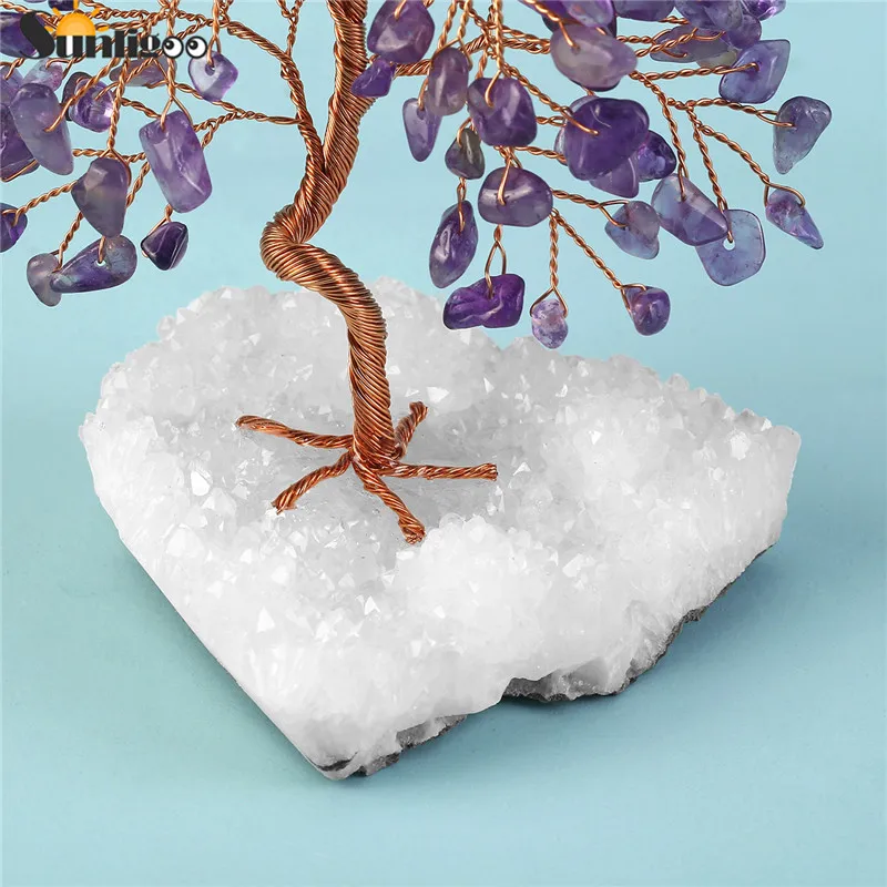 Sunligoo 1pc Natural Stone Feng Shui Bonsai Money Tree on Clear Quartz Cluster Base for Protection Healing Home Decor 5.51-6.29"