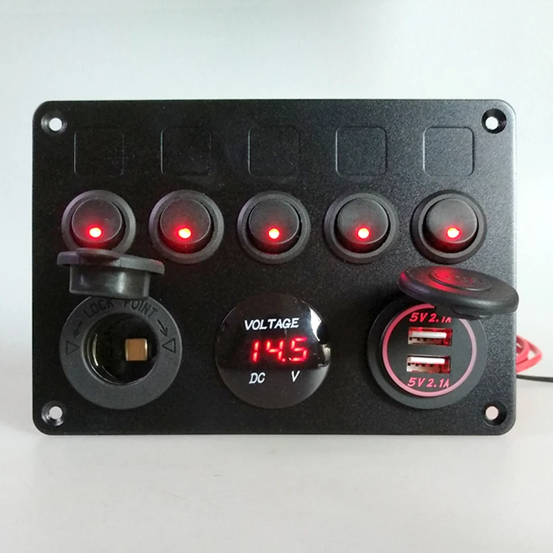  Camión Dual USB carga 5 Gang On-Off interruptor de Control interruptor rojo LED voltímetro interrup