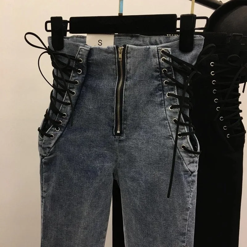 Джинсы женские узкие серые черные джинсы на шнуровке для женщин на молнии спереди сексуальные женские джинсовые брюки серые джинсы с высокой талией 5xl большие размеры джинсовые брюки джинсы
