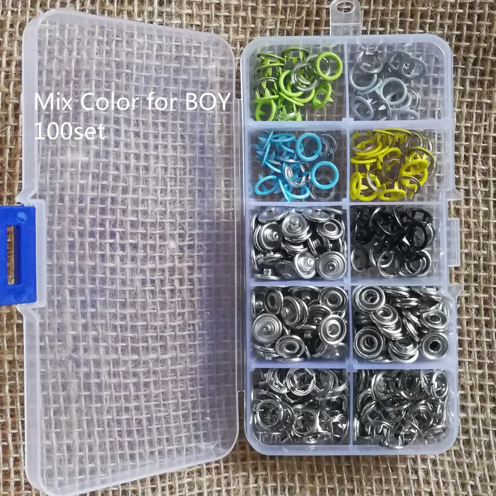 100 x 9.5mm Snap Poppers Press Studs Prong Ring Button Brass Fasteners 4 Colours