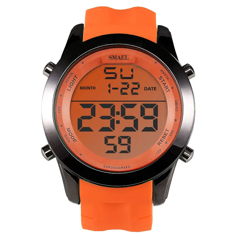 SMAEL, брендовые светодиодный часы, мужские спортивные часы, секундомер, хронограф, Автоматическая Дата, 1076, наручные часы, для бега, Цифровые мужские часы, Shock Homme - Цвет: Orange