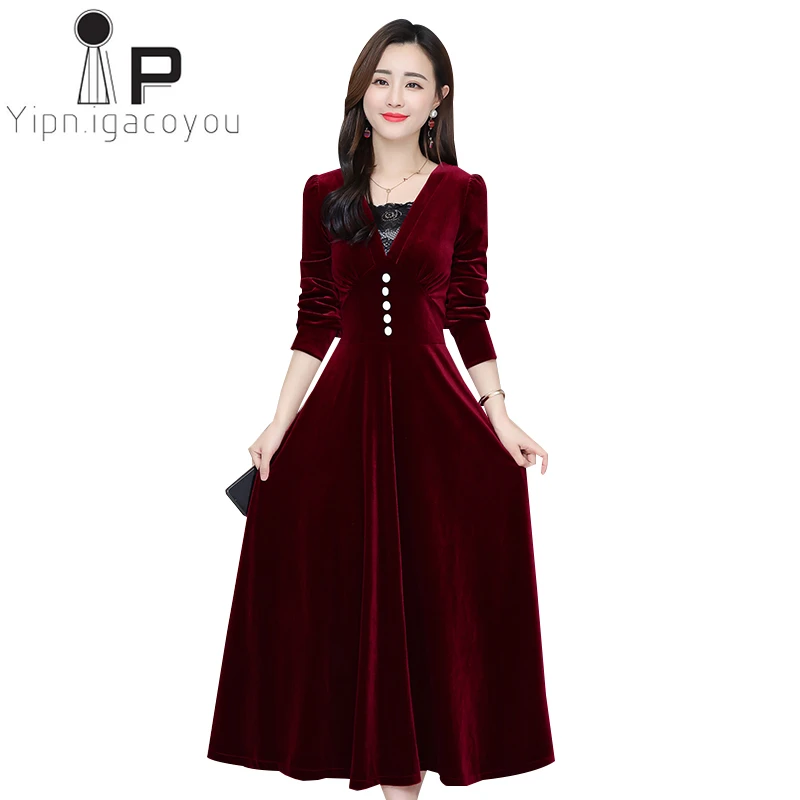 

Vintage Velvet Dress Women V Neck Winter Dress Elegant OL Slim Solid Korean A line Plus Size Long Sleeve Dresses Black Vestidos
