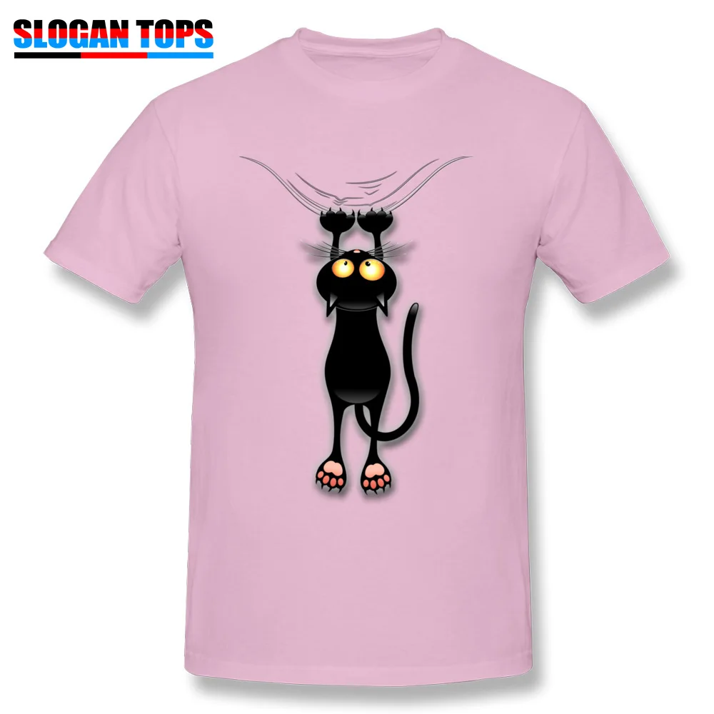 O-Neck Fun Black Cat Falling Down Cotton Fabric Men's T Shirt Street Short Sleeve Tops T Shirt Plain Design Clothing Shirt Fun Black Cat Falling Down pink