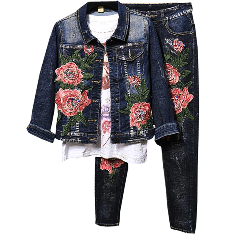 

Elegant Fashion Sequined Beading Women Denim Jeans 2 Pieces Set Leisure Jeans Long sleeve Coat Jacket Pants Denim suit