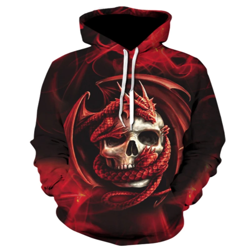 

2019 autumn and winter new men's fashion casual travel long-sleeved thin pocket hooded shirt 3D skull flying dragon print S-5XL
