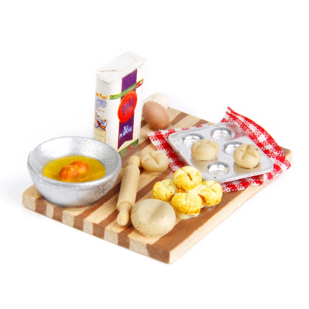 Colorful 1 Set 1/12 Dollhouse Miniature Kitchen Food Eggs Milk Bread on Board for Kids Role Play Game Tableware Cookware