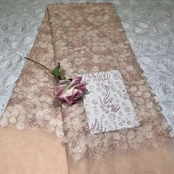 

Peach High Quality 2019 African French Net Lace Fabric Embroidered Nigerian Lace Fabric 5Yards Guipure Cord Lace With Gold Line