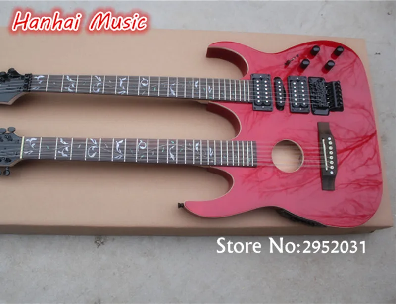 

Free Shipping-2-neck 12-String and 6-String Electric Guitar,Black Hardware with Floyd Rose,24 Frets and can be Customized