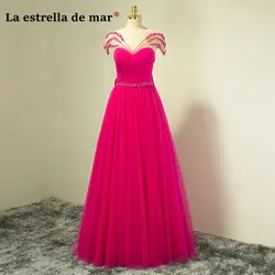 La estrella de mar vestito damigella donna 2019 Совок средства ухода за кожей шеи с короткими рукавами тюль жемчужина кристалл линия красная роза платья подружк