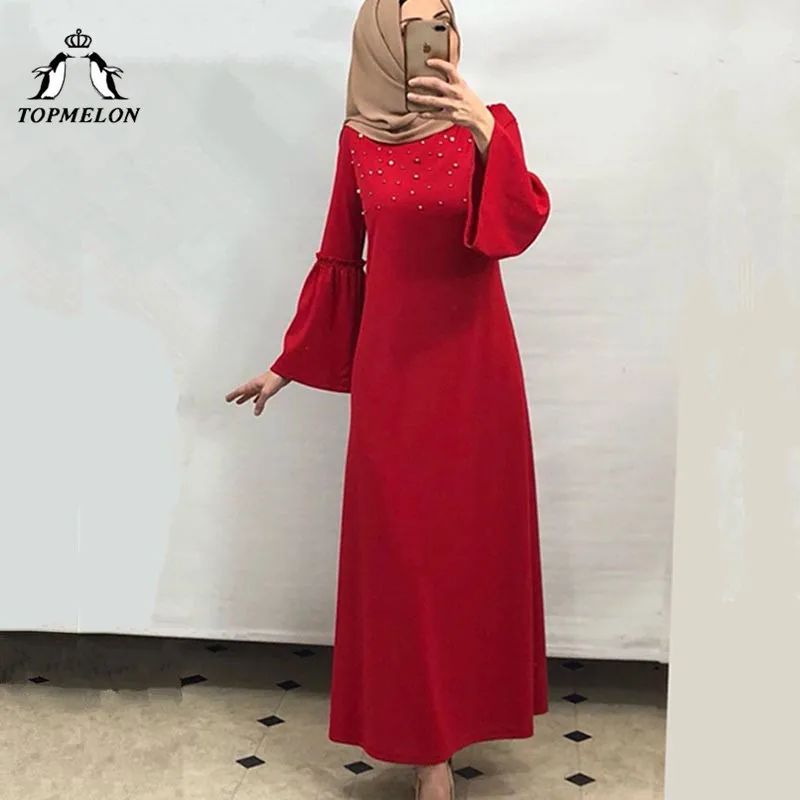 TOPMELON Beads абайя джилбаб мусульманское платье турецкое исламское платье для женщин модное роскошное платье с рукавом-трубой черный красный розовый
