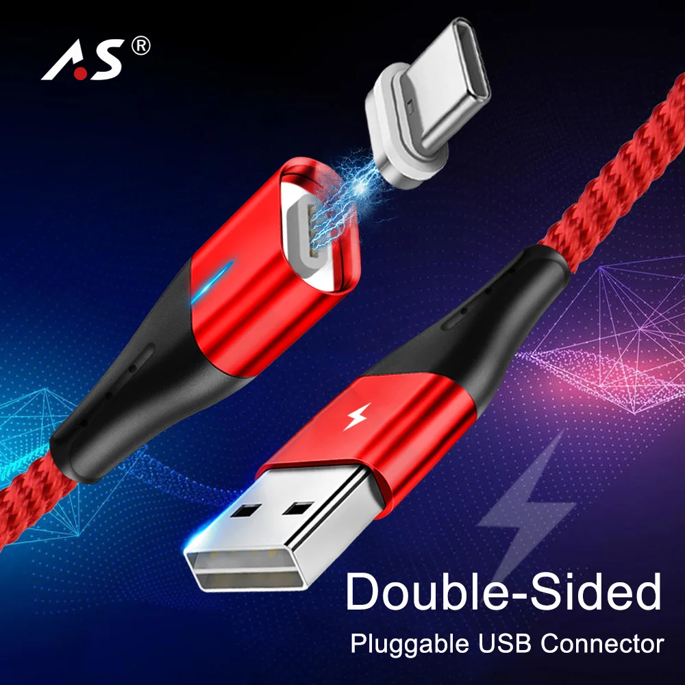 AS نوع C كابل مغناطيسي USB C سريع شاحن الهاتف كابل المحمول سريعة 3.0 تهمة المغناطيس نوع-C الحبل مزدوج الوجهين USB كابلات البيانات