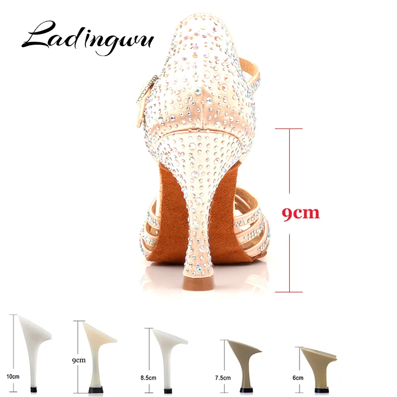 Ladingwu Dance Shoes Salsa Women Black Apricot Silk satin Latin Dance Shoes Shine Rhinestone Ballroom Shoes Dance Soft Bottom