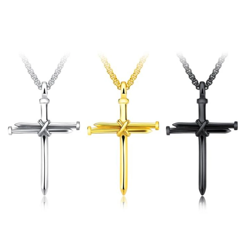 New 2018 Religious Nail Cross Necklace For Men Jesus Christ Pendants Gold Color Stainless Steel