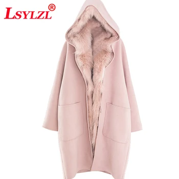 

Winter Women Pink Detachable Large Fur Collar Woolen Coat 2018 Long Loose Hooded Keep Warm Wool Coat Trend Outfit Q69