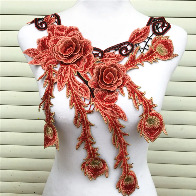 1pc redish 3d flower water soluble Embroidered lace fabric trim sewing