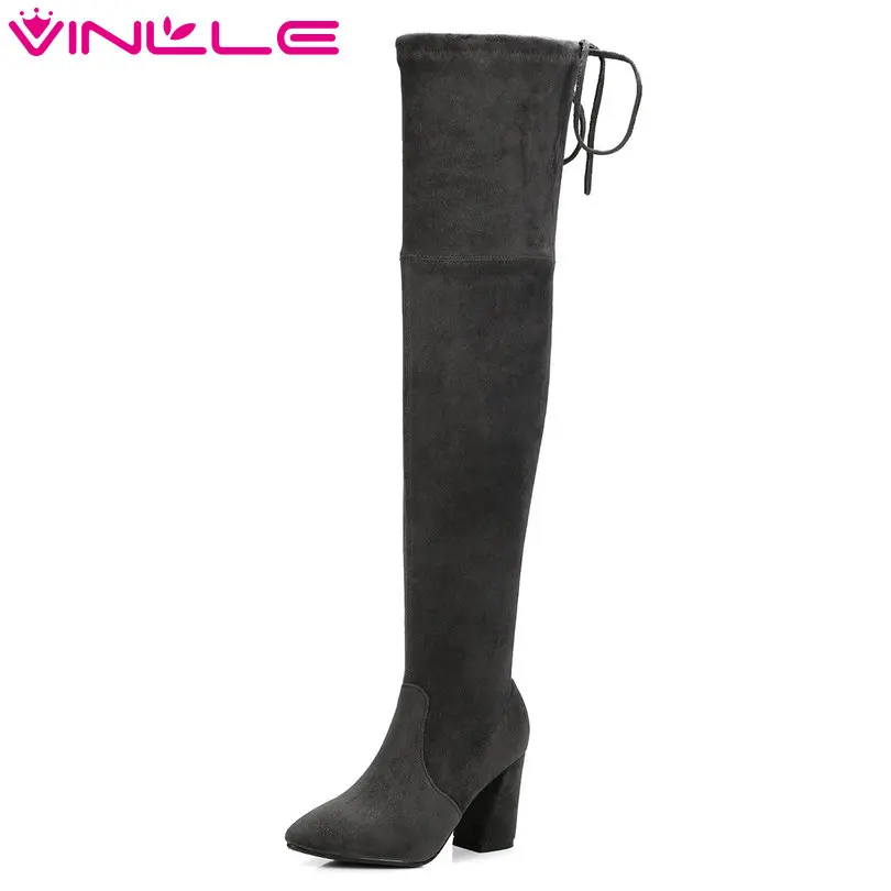 

VINLLE 2018 Women Boots Over The Knee Boots Hoof High Heel Pointed Toe Genuine Leather Ladies Motorcycle Shoes Size 34-43