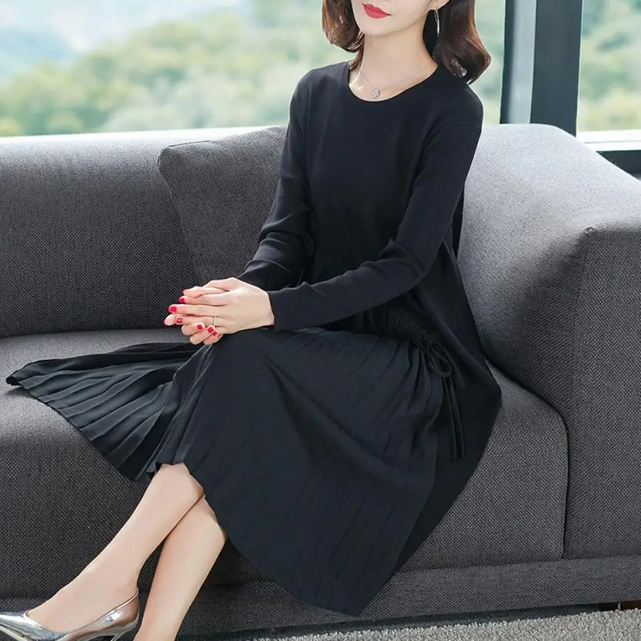 

Free Shipping New Spring Women Fashion Knit Dress Long Sleeve Solid Color Lady Irregular Pleated Chiffon Splice Dress Black