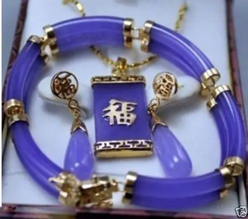 

Hot selling@> Jewelry 001450 New Jewelry Purple Jade Link Bracelet Stud Earrings Pendant Necklace Set Natural jewelry -Bride jew
