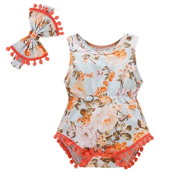 

Newborn Infant Baby Girl Boy Floral Tassels Bodysuit Headband Outfits Set Erkek Bebek Tulum Bebek Giyim Twins Baby Clothes