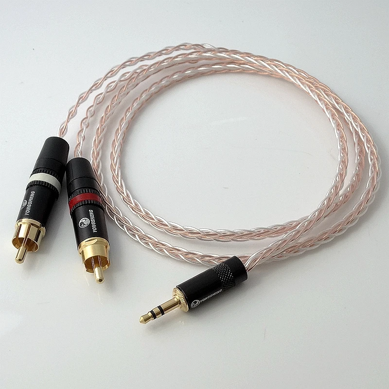 1 м 1/8 3 5 мм до 2 RCA штекер 8 ядер Litz оплетка PCOCC Гибридный посеребренный кабель HIFI