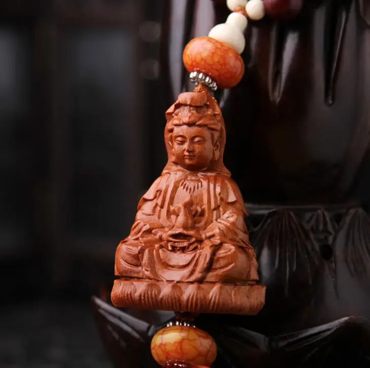 

Chinese Peach Wood Carved Guan Yin Kwan-yin Bodhisattva Pray Safe And Good Luck Exquisite Car Pendant Statue Gift